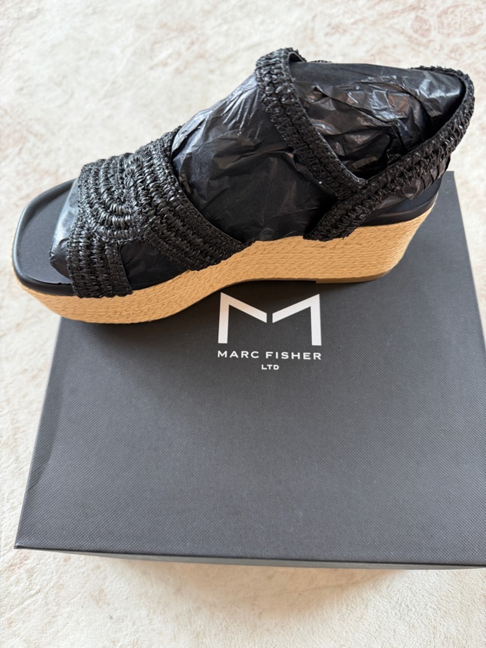 Marc Fisher Payley Black Woven Espadrille Wedge Sandal with Natural Platform